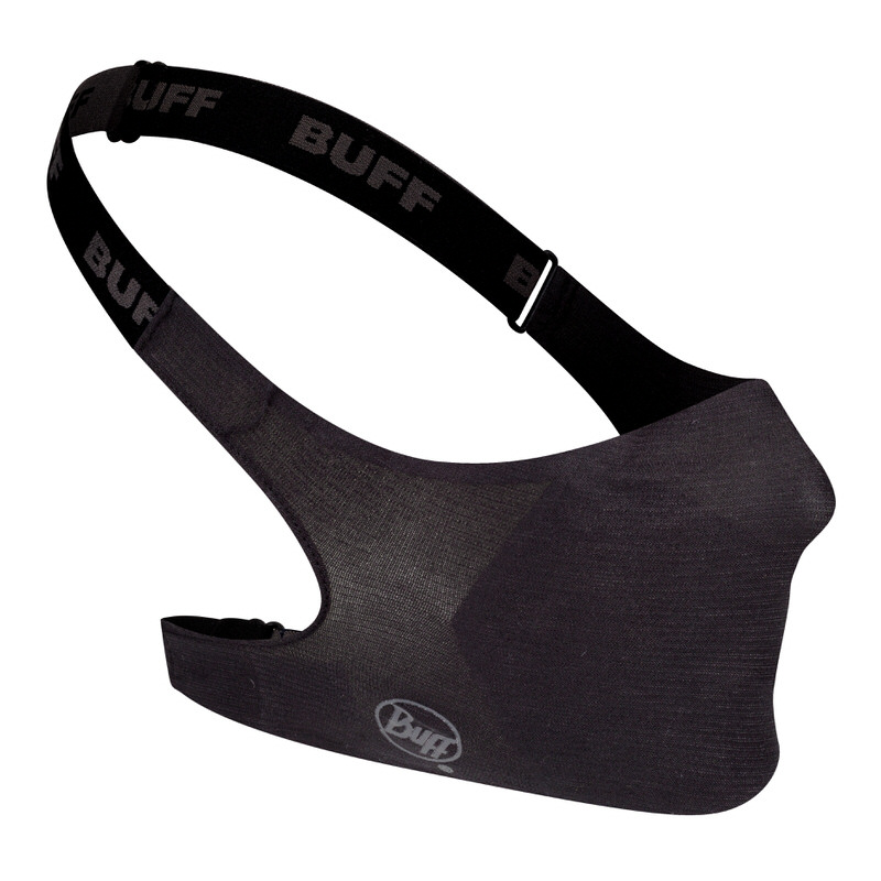 Schwarze Buff Filter Maske mit verstellbarem Band und sichtbarem Logo.
