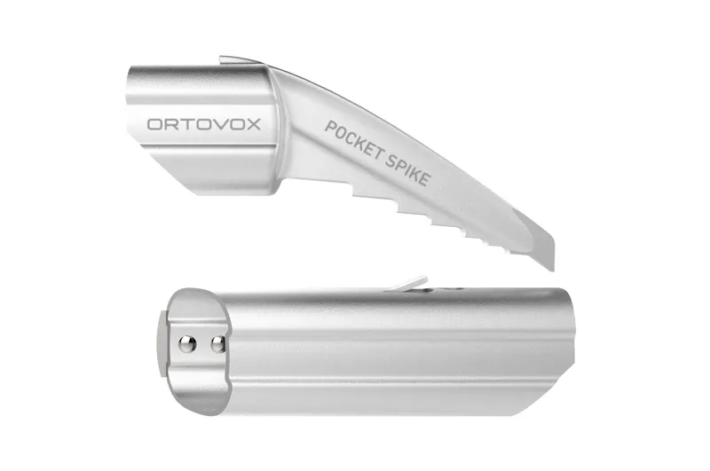Silver Ortovox POCKET SPIKE attachment for a PRO ALU III avalanche shovel in detail.