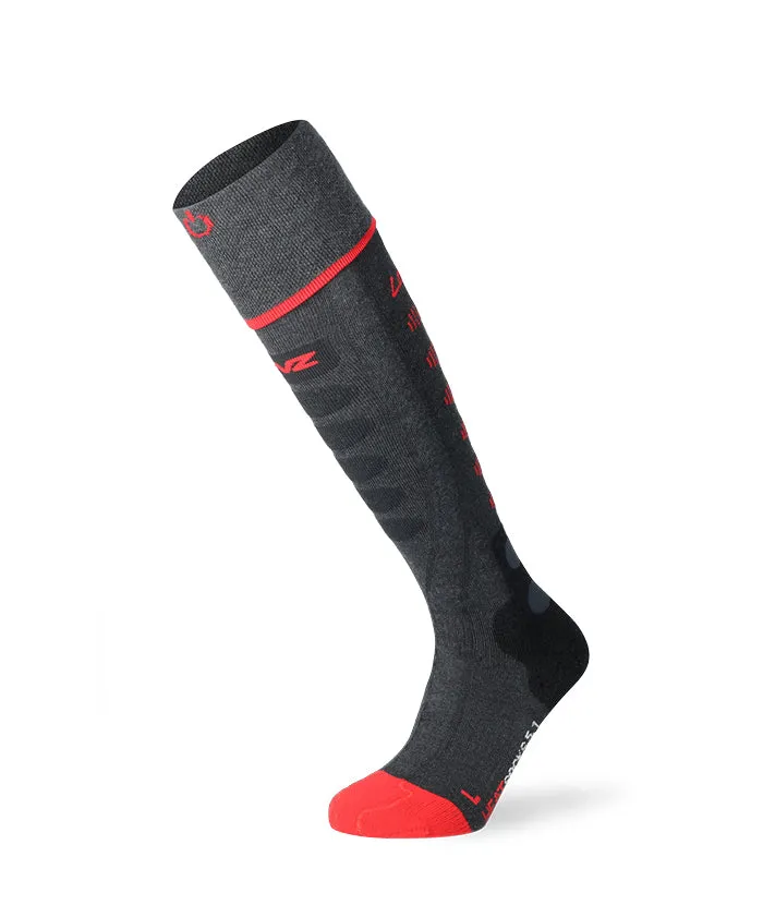 A long, mottled gray sock with a red toe and cuff stands upright against a white background. It has a subtle pattern and red prints.
