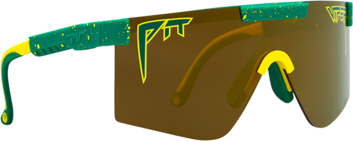 Die Pit Viper Straya Original Sonnenbrille, grün-gelbes Gestell mit golden polarisierten Gläsern.