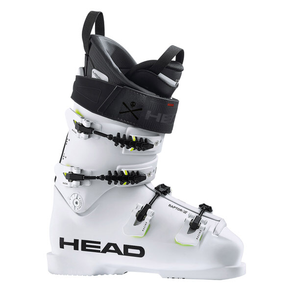 Weißer Ski-Schuh "Head Raptor 140S RS" mit schwarzen Schnallen und Details.