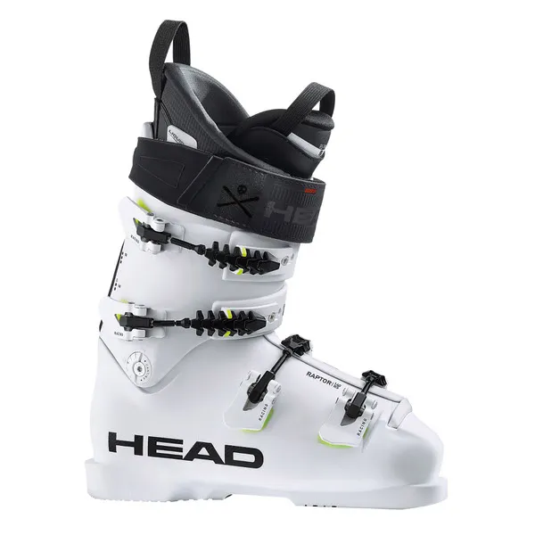 Weißer Ski-Schuh "Head Raptor 140S RS" mit schwarzen Schnallen und Details.