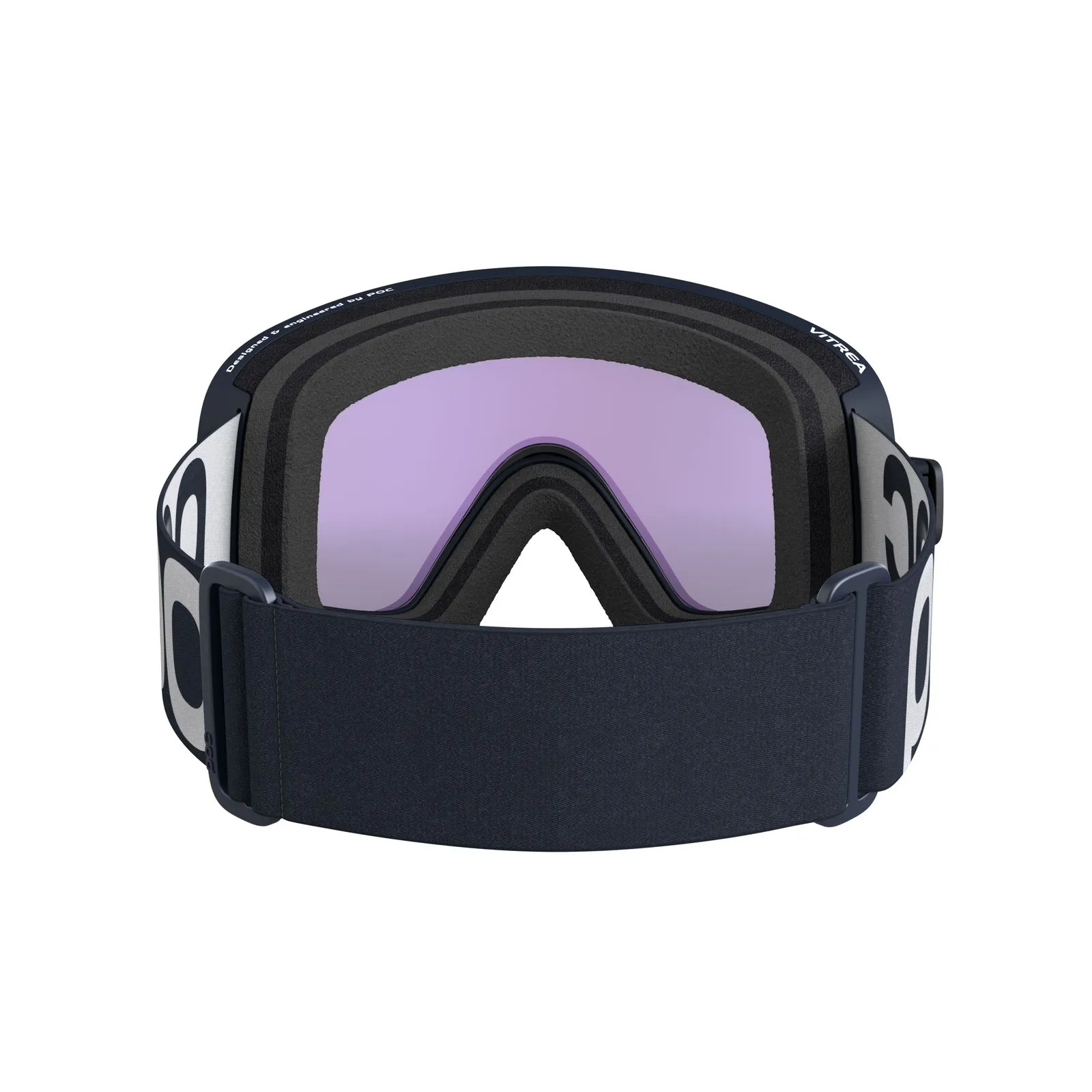 Vue de face des lunettes de ski POC Vitrea en Apatite Navy avec lentille Partly Sunny Blue et large bandeau foncé.