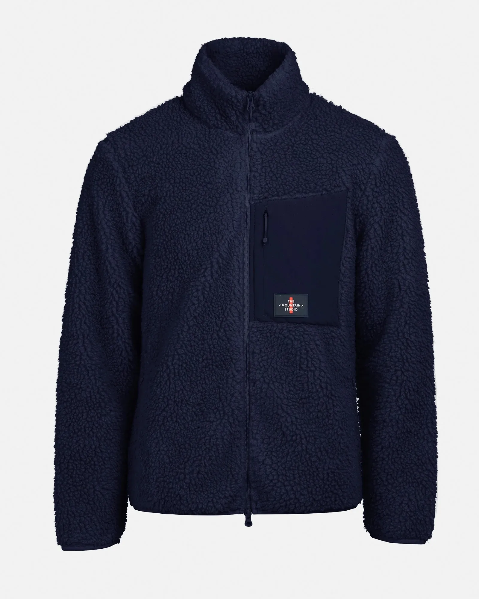 Giacca in pile blu scuro con zip, collo alto e tasca quadrata sul petto con logo applicato.