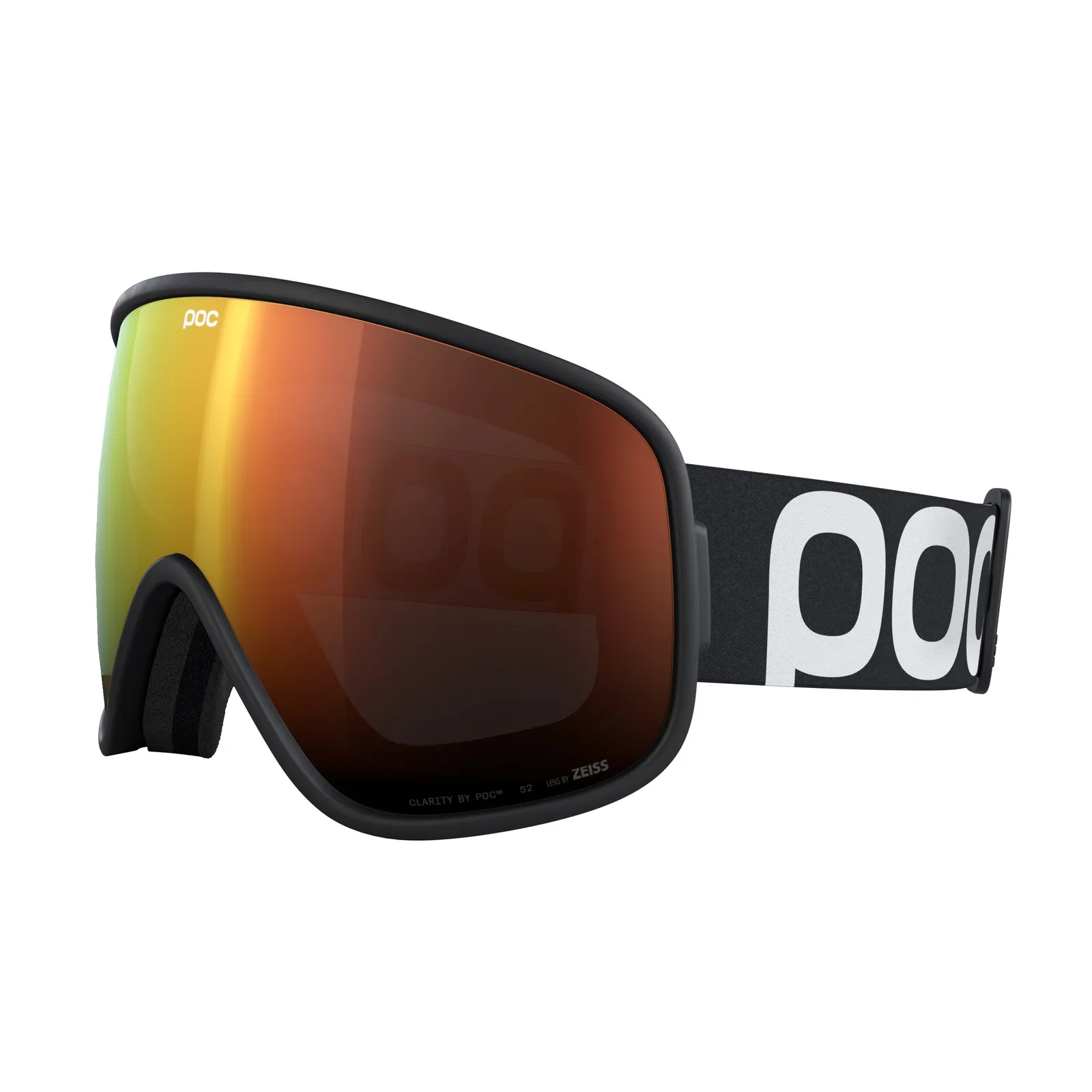 POC Vitrea ski goggles, black frame, orange tinted lens, POC logo on the side strap.