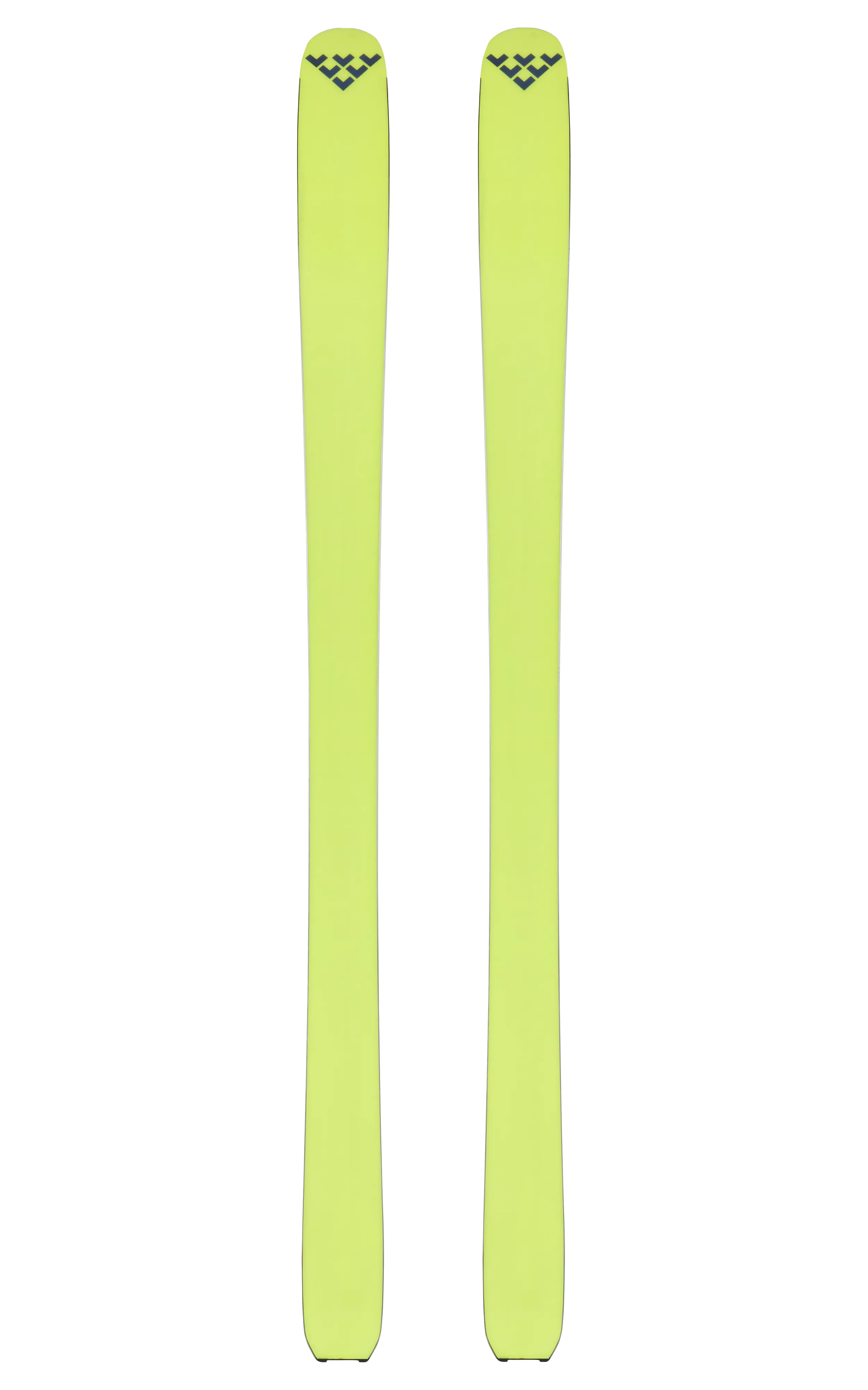 Zwei gelbe Black Crows Orb Freebird Ski mit schwarzem Logo, isoliert auf weißem Grund.