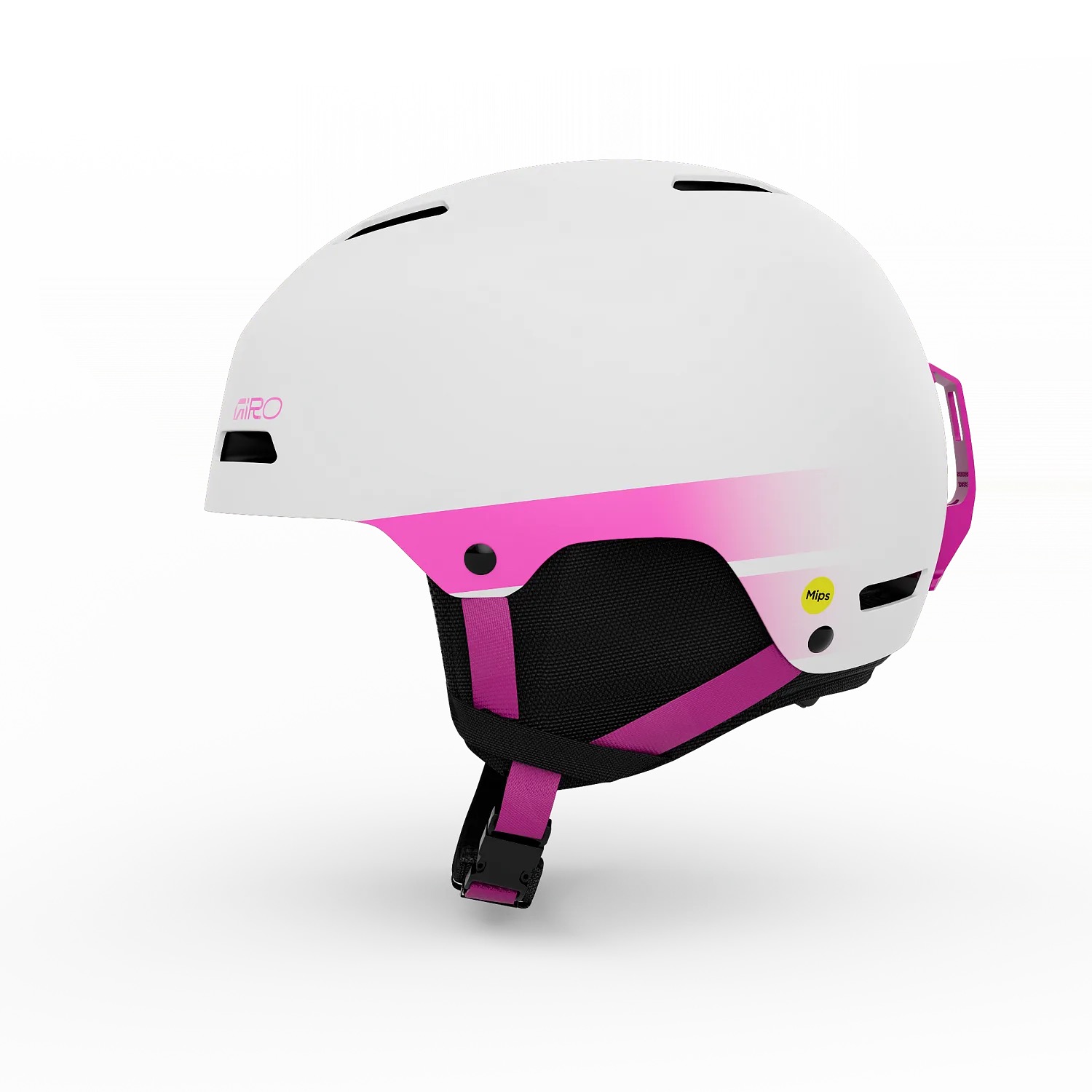Casque de ski blanc avec bande d'accentuation rose et jugulaire, fentes d'aération latérales et logo MIPS.
