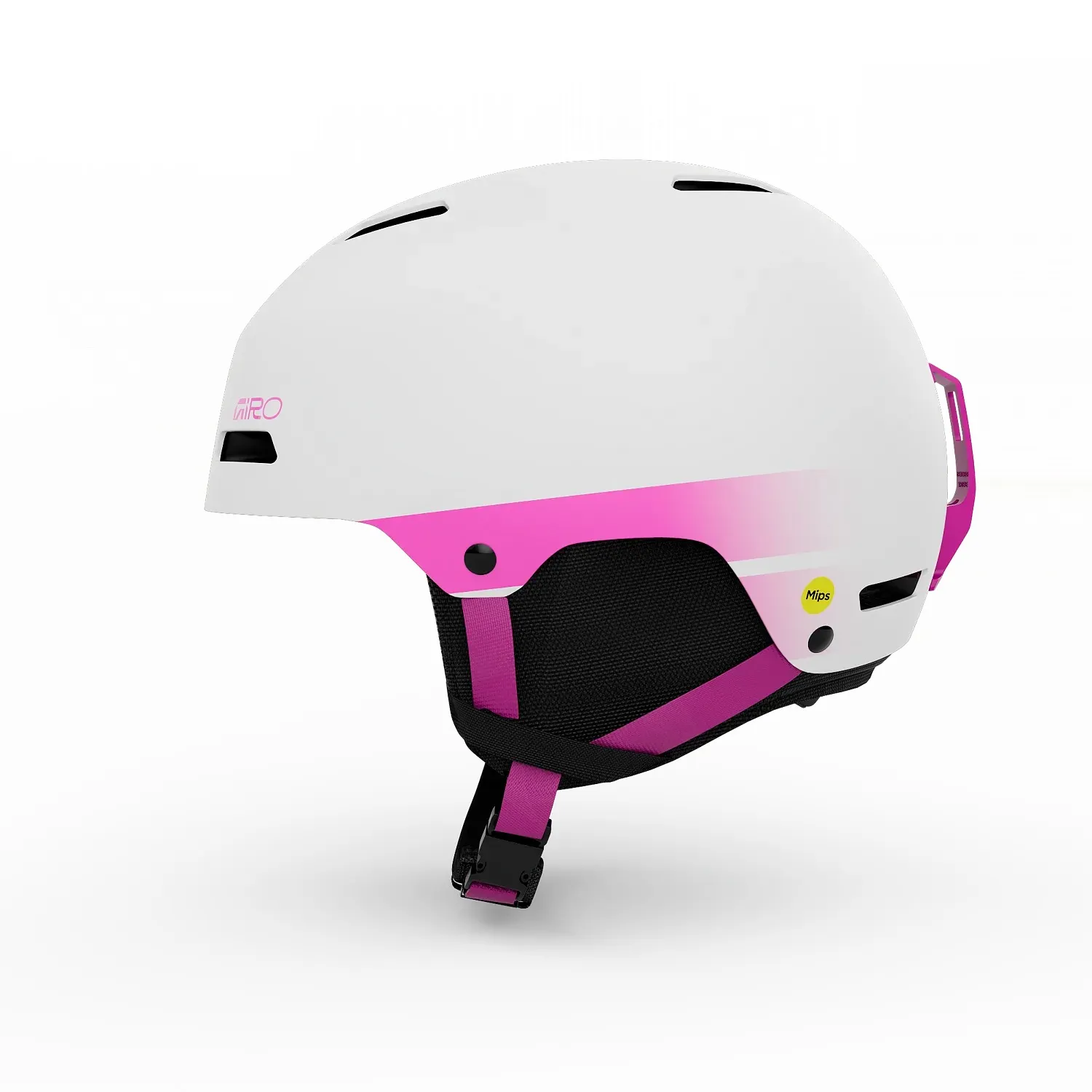 White ski helmet with pink accent stripes and chin strap, side ventilation slits and MIPS logo.