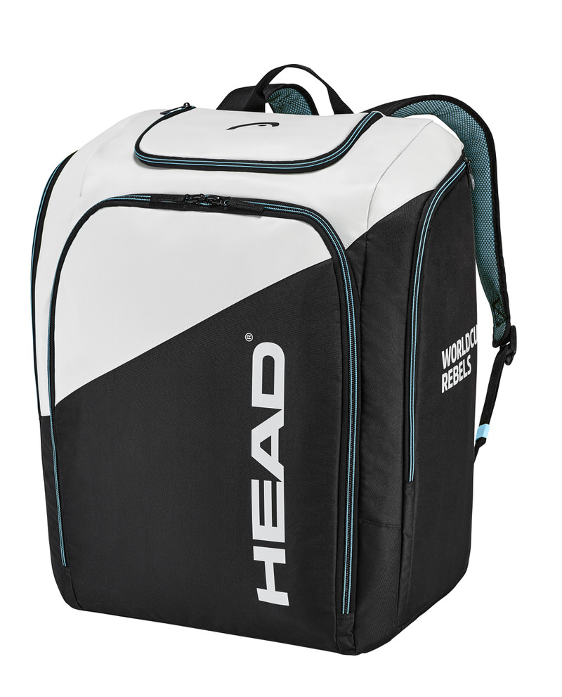 Grosser, schwarz-weisser Head Rebels Racing Rucksack mit türkisen Akzenten, seitlicher Head Logo Aufdruck.