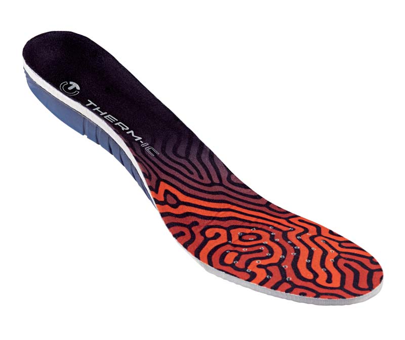 Therm-ic Insole Heat 3D Heizsohle mit Muster in Schwarz, Orange und Rot von oben, diagonale Ansicht.