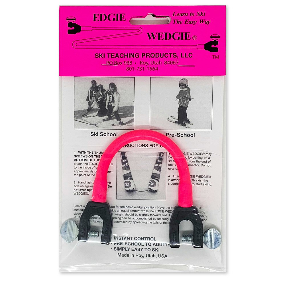 Packaged Edgie Wedgie Original Pink: ski tip connector with elastic band and screw clamps to promote snowplow technique.