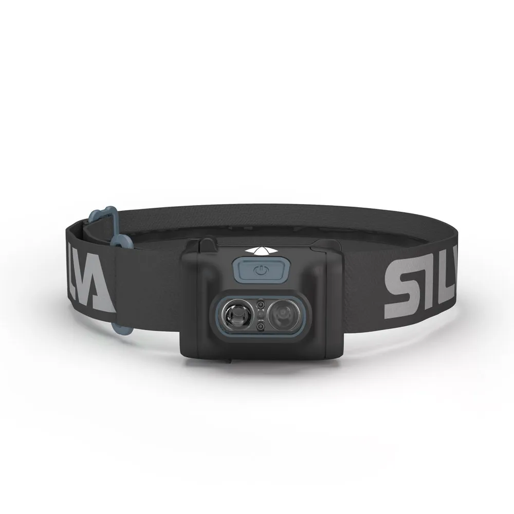 Close-up of the Silva Scout 3XT headlamp, with dark headband and black lamp housing on a white background.