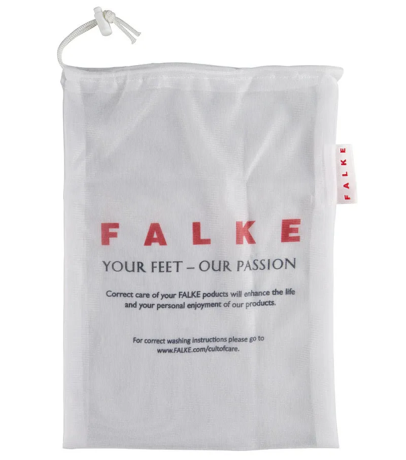 White wash bag with red "Falke" logo and text. Drawstring at the top, label on the side.