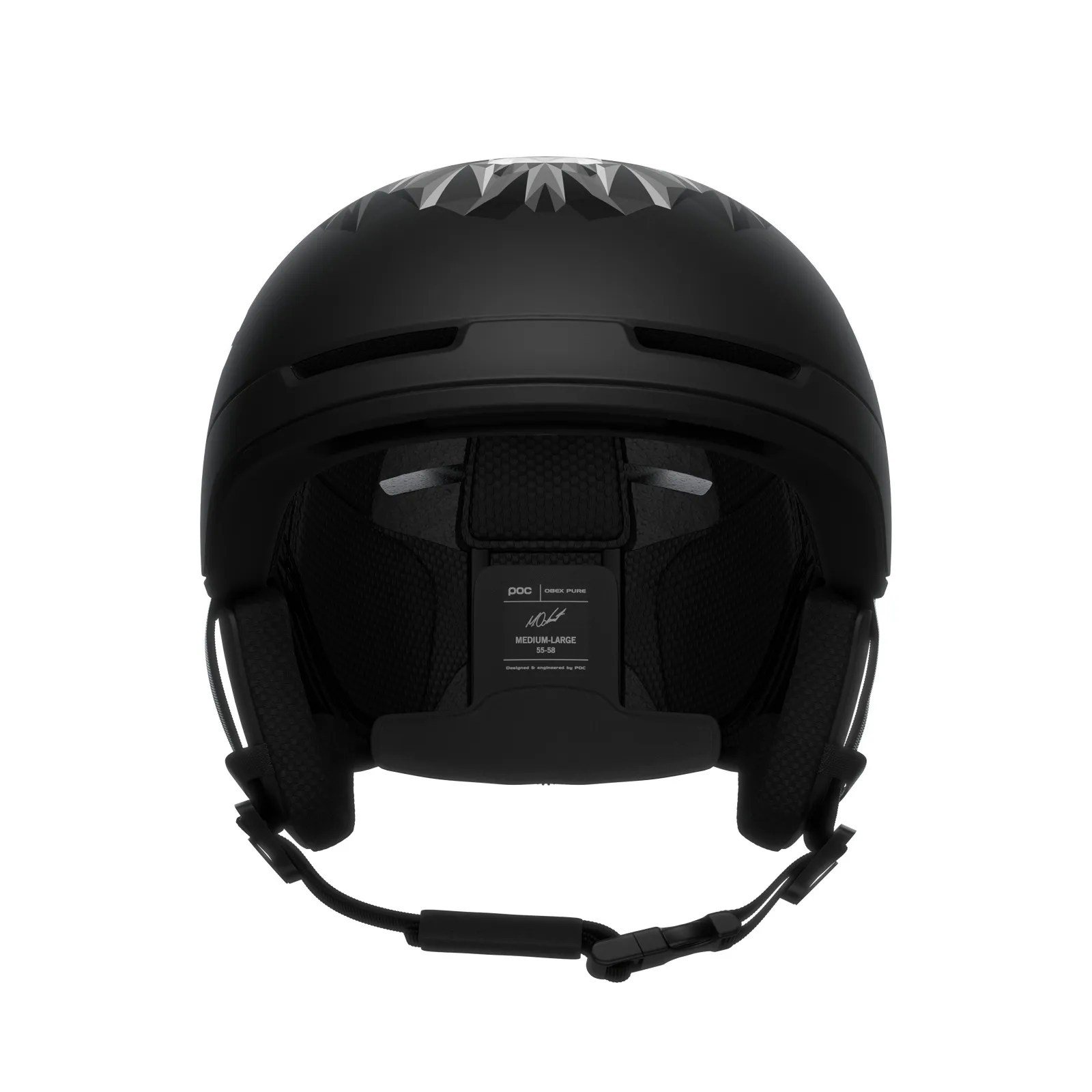 Casque de ski POC Obex Pure Odermatt Edition noir de face, avec un motif de lion argenté sur le dessus et l'indication de la taille à l'intérieur.