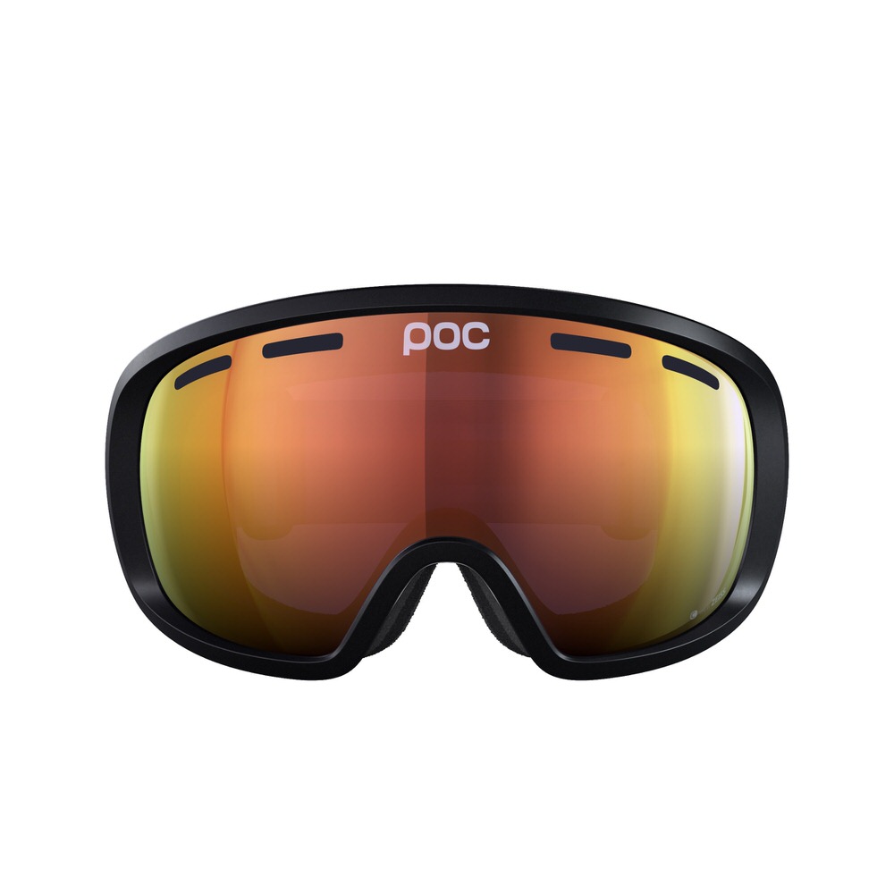 Frontansicht der POC Fovea Clarity Uranium Black Skibrille mit orangefarbener, verspiegelter Linse und schwarzem Rahmen.