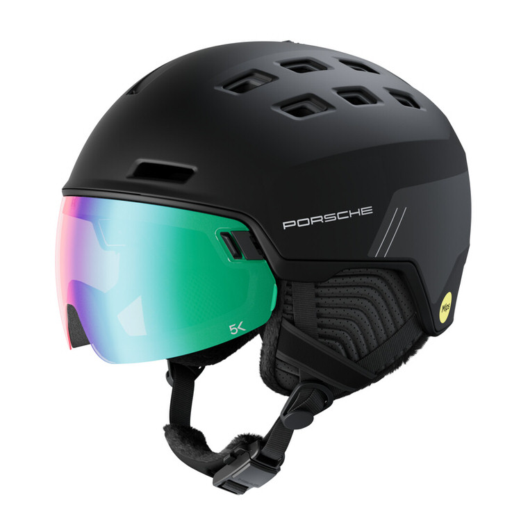 Schwarzer Porsche Skihelm Radar 5k mit integriertem photochromen Visier und MIPS, frontal aufgenommen.