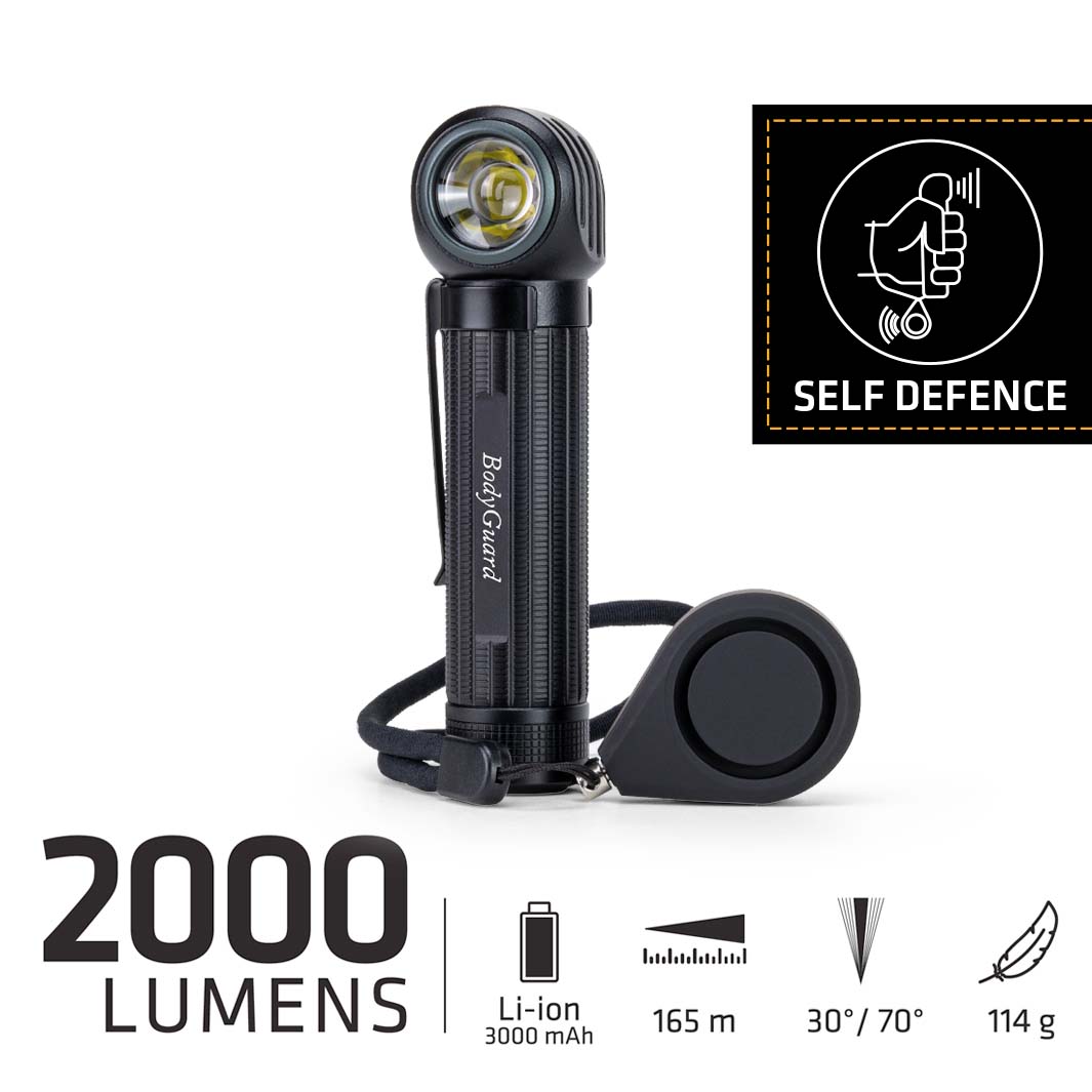 Schwarze M6xr BodyGuard Taschenlampe mit angewinkeltem Kopf, mit technischen Details und einem Selbstverteidigungs-Symbol.