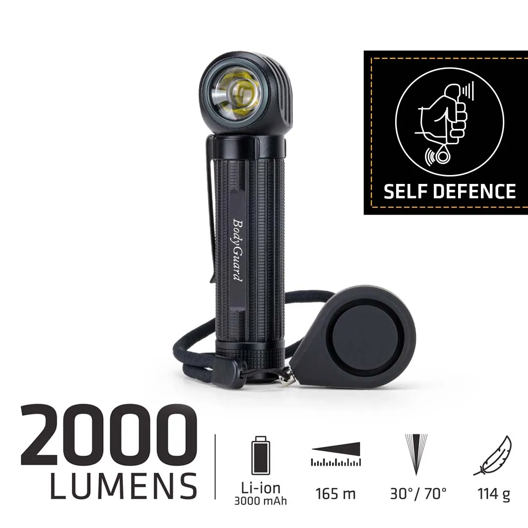 Black M6xr BodyGuard flashlight with angled head, with technical details and a self-defense symbol.