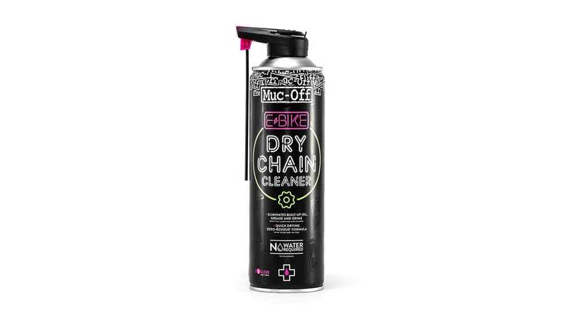 Muc-Off eBike Kettenreiniger Muc-Off eBike Dry Chain Cleaner Spraydose, silber-schwarz mit pinkfarbenen Akzenten, Schriftzug und Logo.