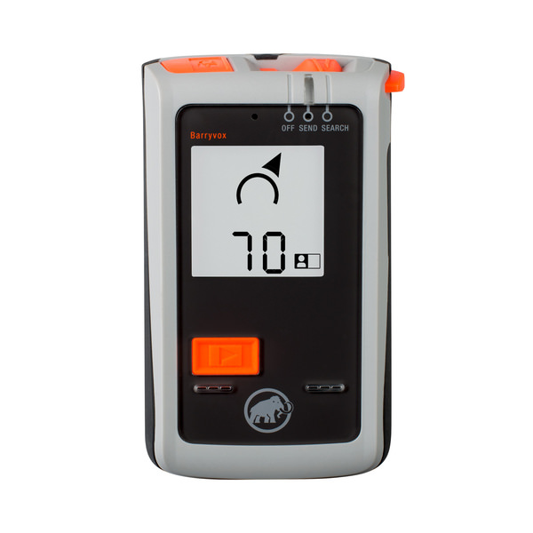 Barryvox LVS-Gerät Das Barryvox LVS-Gerät mit Display zeigt Richtungspfeil und Distanz 70m an. Orangefarbene Bedienelemente heben sich ab.