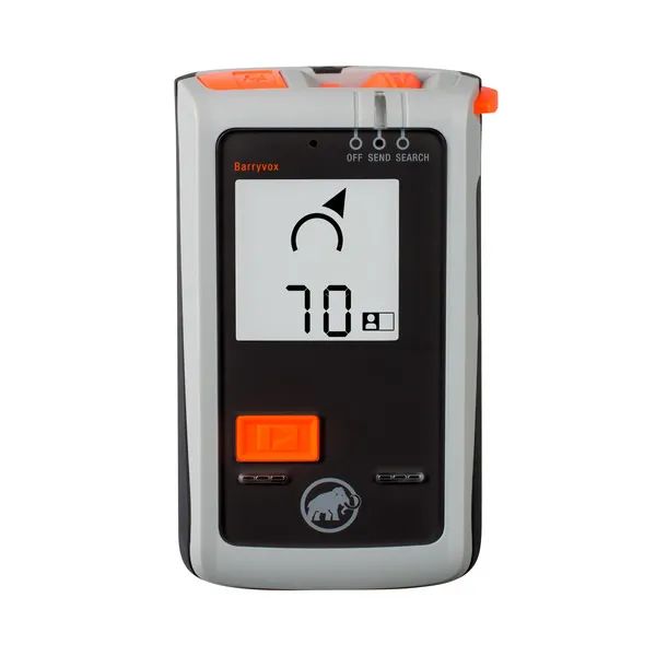 Das Barryvox LVS-Gerät mit Display zeigt Richtungspfeil und Distanz 70m an. Orangefarbene Bedienelemente heben sich ab.