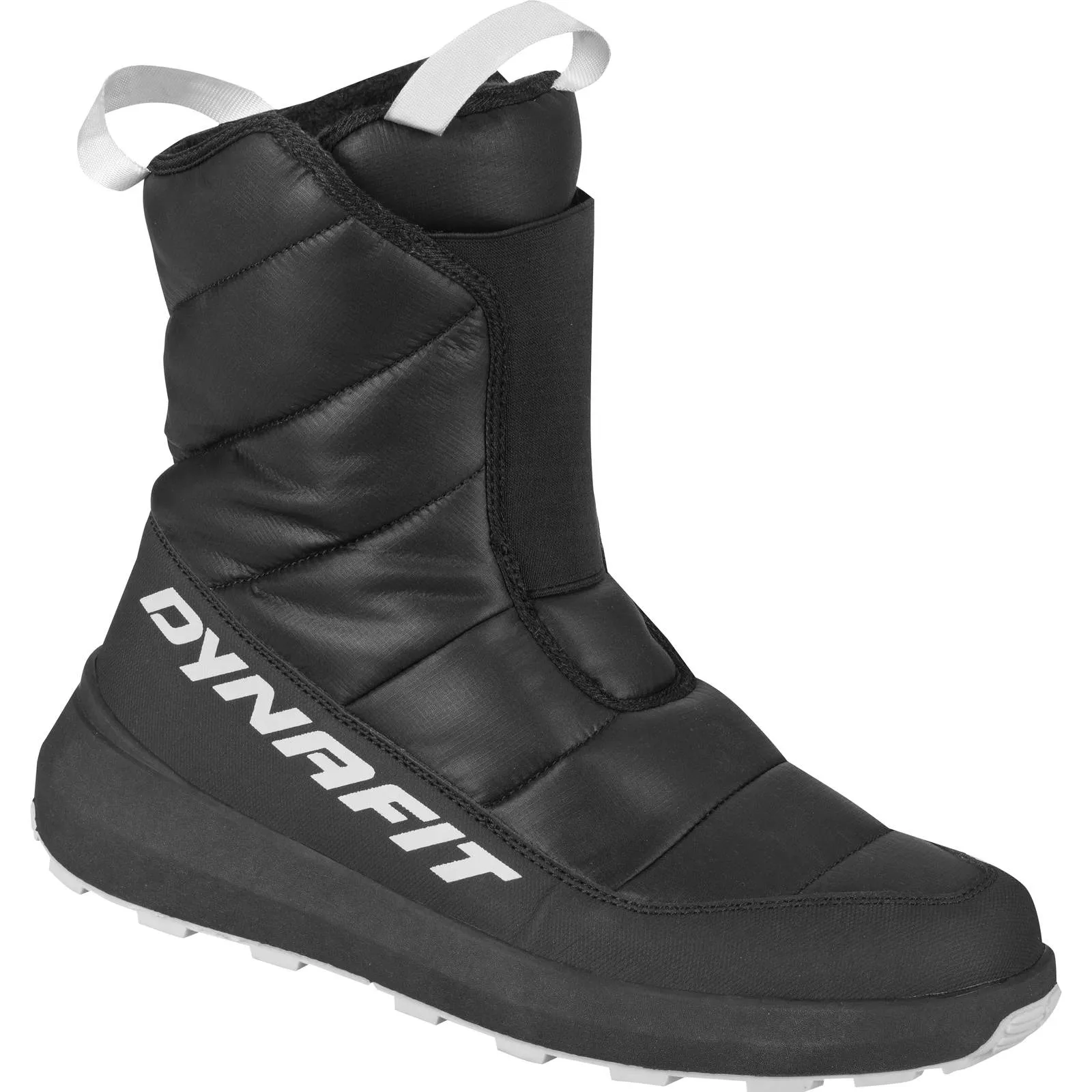 Scarpa invernale Dynafit nera con logo e passante bianco, tomaia trapuntata e suola profilata.