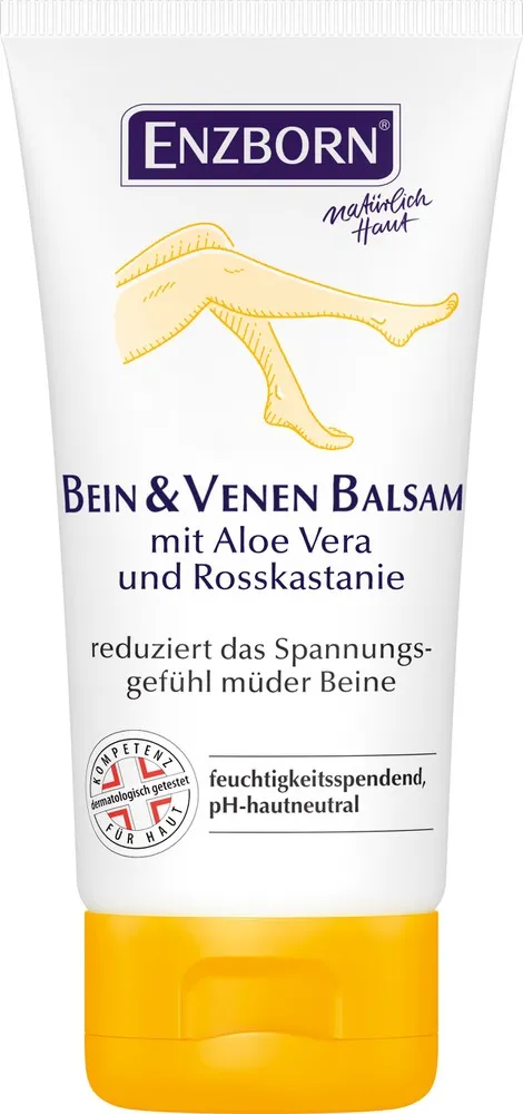White tube of leg and vein balm with yellow lid, labeled with leg shape and product information.