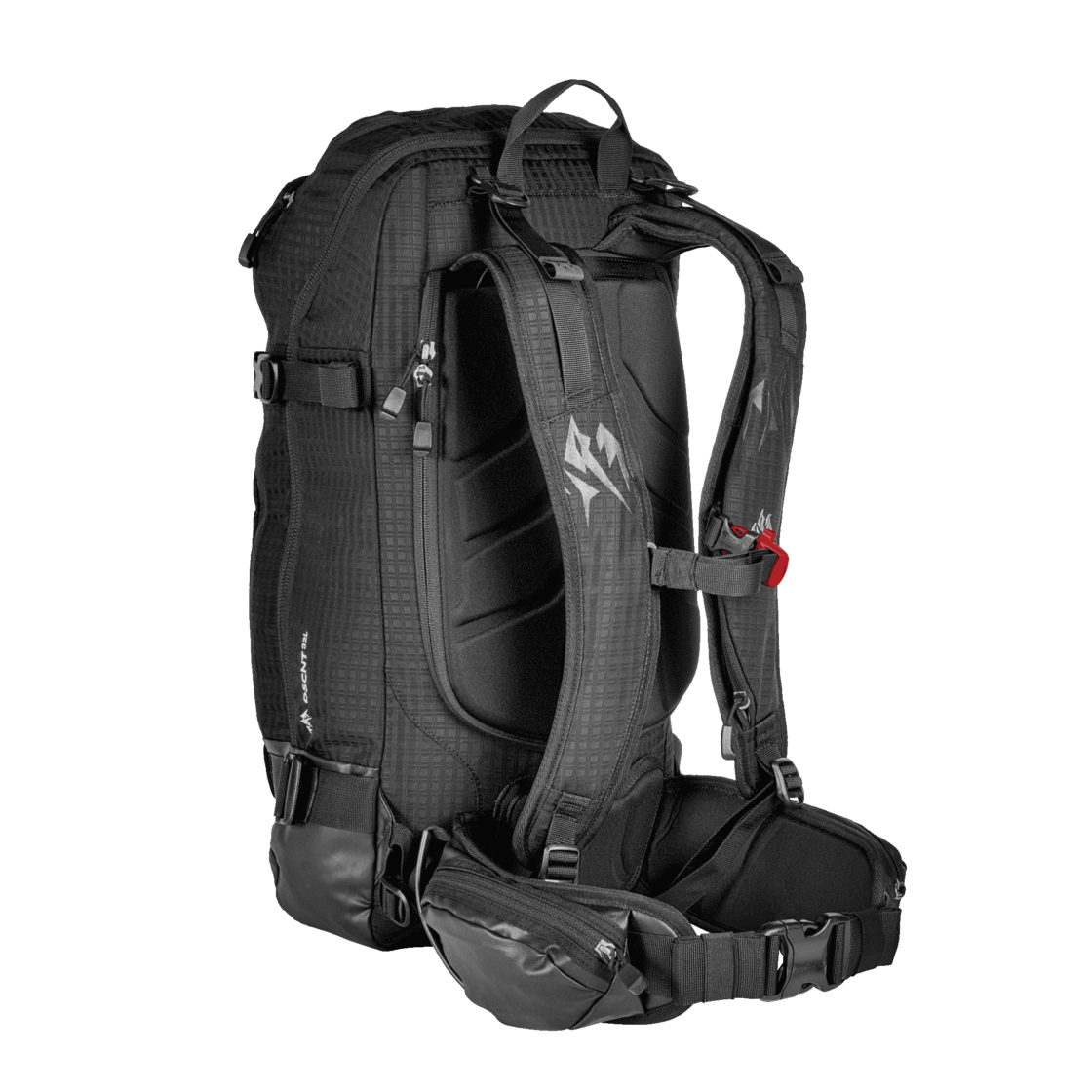 Schwarzer Rucksack DSCNT 32L Schwarzer Jones DSCNT 32L Rucksack, von hinten und der Seite fotografiert, mit Tragegurten und Hüftgurt.