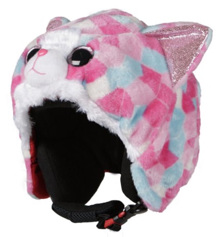 Skihelm mit gefleckter Katze Hülle, rosa, hellblau, große Augen und glitzernde Ohren.