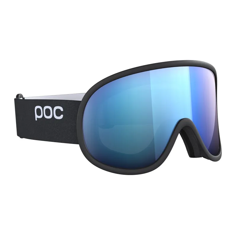 Black ski goggles with blue lens and white strap with the POC logo.