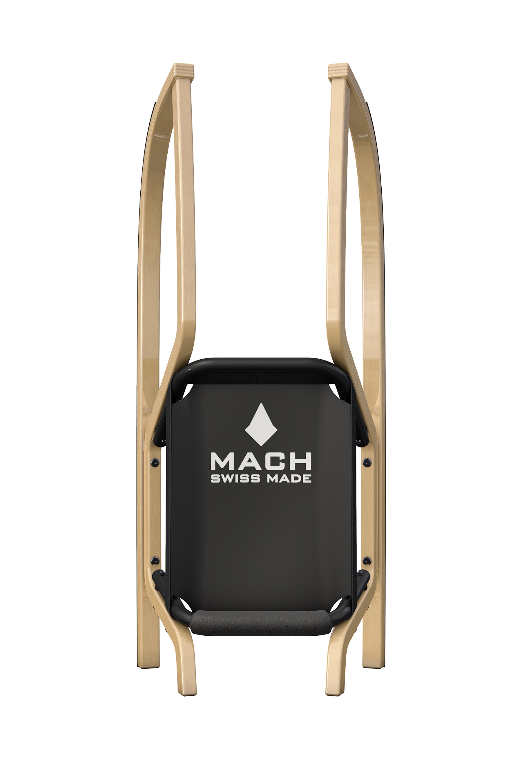 Frontansicht des Mach Tanned Hawk Schlittens mit Holzrahmen und schwarzem Sitz, Marke "Mach Swiss Made".
