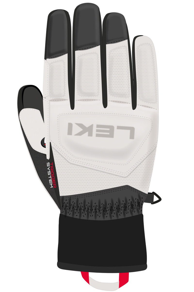 Weisser Leki Griffin Prime 3D Ski-Handschuh mit schwarzen Details und dem Leki Logo. Sicht von der Handfläche, Trigger System.