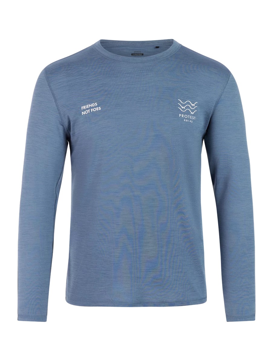 T-shirt bleu à manches longues avec col rond, texte "Friends Not Foes" et logo en forme de vague sur la poitrine.