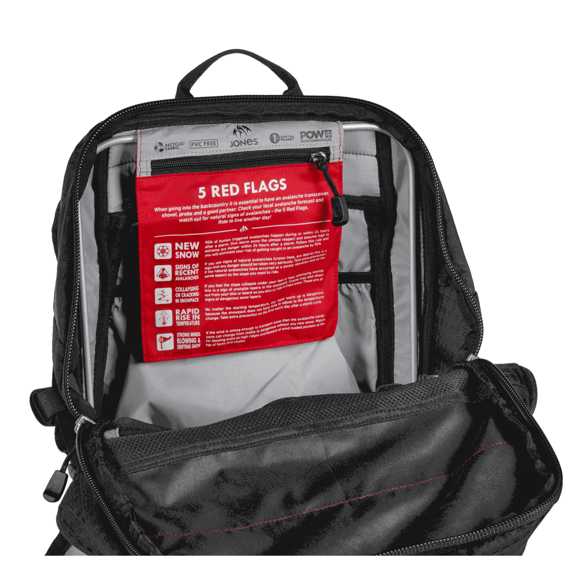 Jones DSCNT Rucksack Innenansicht Innenansicht Jones DSCNT 32L Rucksack mit roter Tasche und Lawinen-Sicherheitsinformationen.