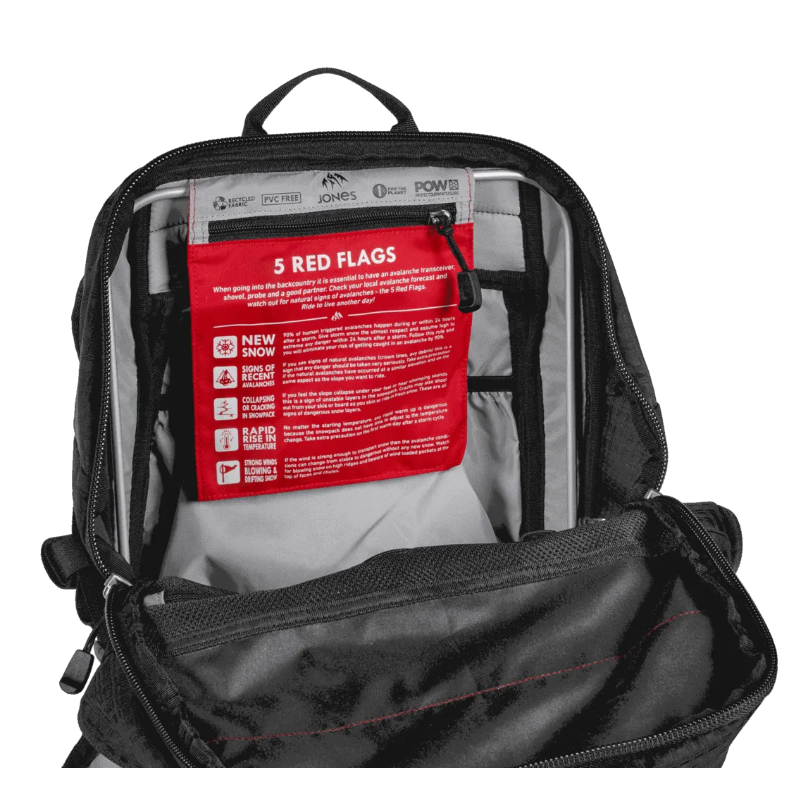 Vue intérieure Jones Sac à dos DSCNT 32L avec poche rouge et informations sur la sécurité en cas d'avalanche.