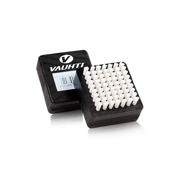 Two Vauhti nylon brushes, small and black, with white bristles. One with logo and barcode.