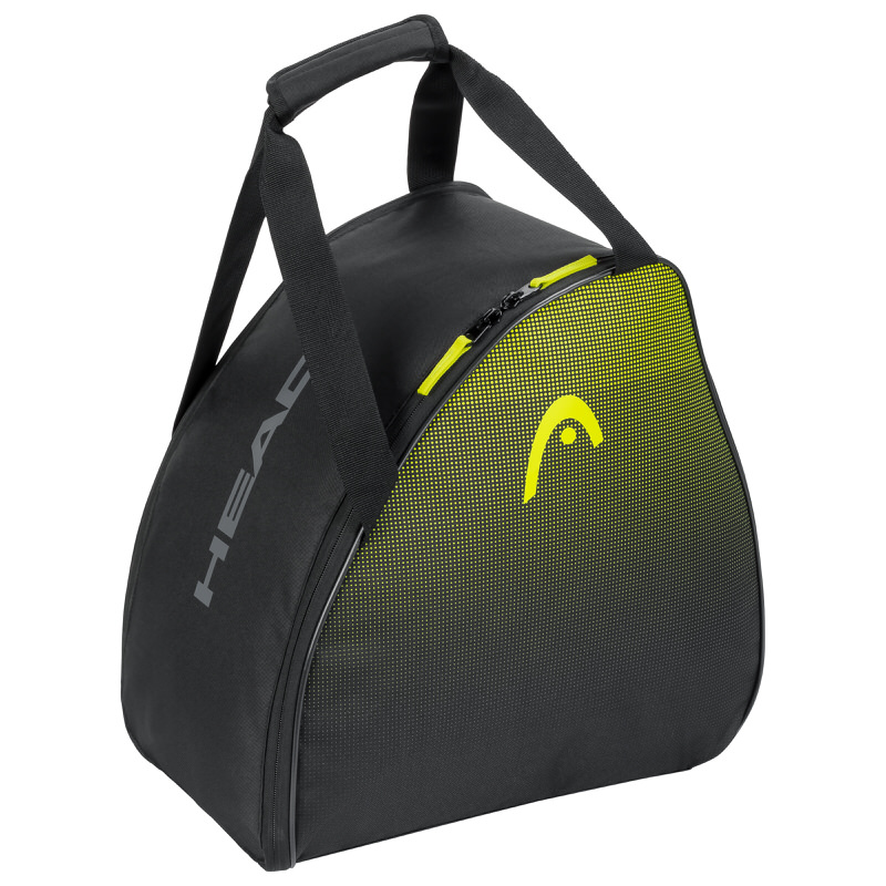 Schwarze Head Skischuhtasche mit gelbem Logo und Reissverschluss, Tragegriff und Schultergurt.