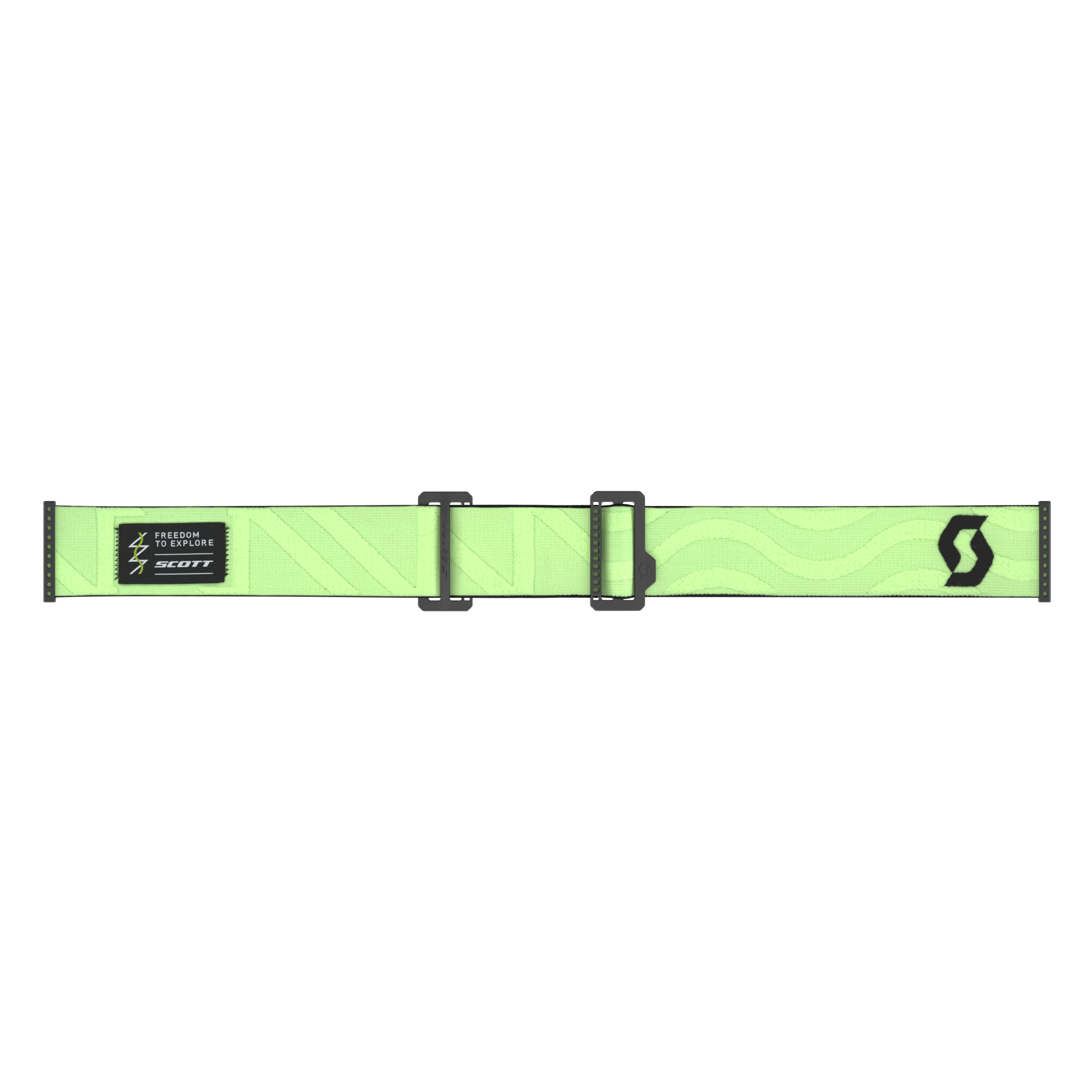 Vue détaillée du bandeau vert à motifs des lunettes Scott Ambit Goggle avec boucles de réglage noires et logo Scott.