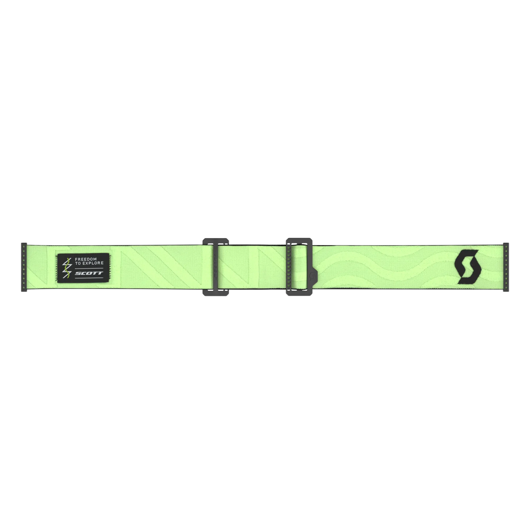 Vue détaillée du bandeau vert à motifs des lunettes Scott Ambit Goggle avec boucles de réglage noires et logo Scott.