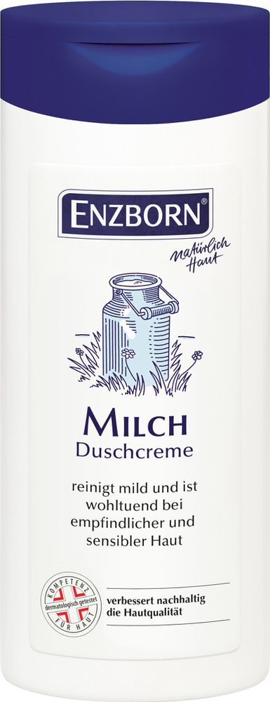 Weiße Flasche ENZBORN Milch Duschcreme mit blauem Deckel und Milchkannen-Illustration.
