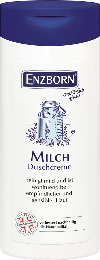 Weiße Flasche ENZBORN Milch Duschcreme mit blauem Deckel und Milchkannen-Illustration.