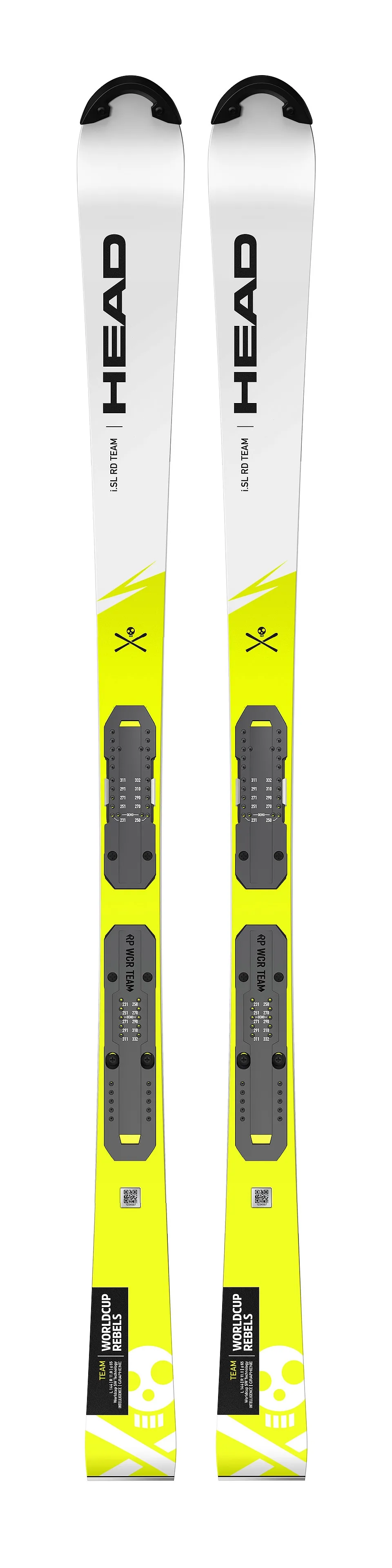 Zwei Ski der Marke HEAD, weiß und gelb, mit schwarzer Bindung, stehen aufrecht nebeneinander vor einem weißen Hintergrund.