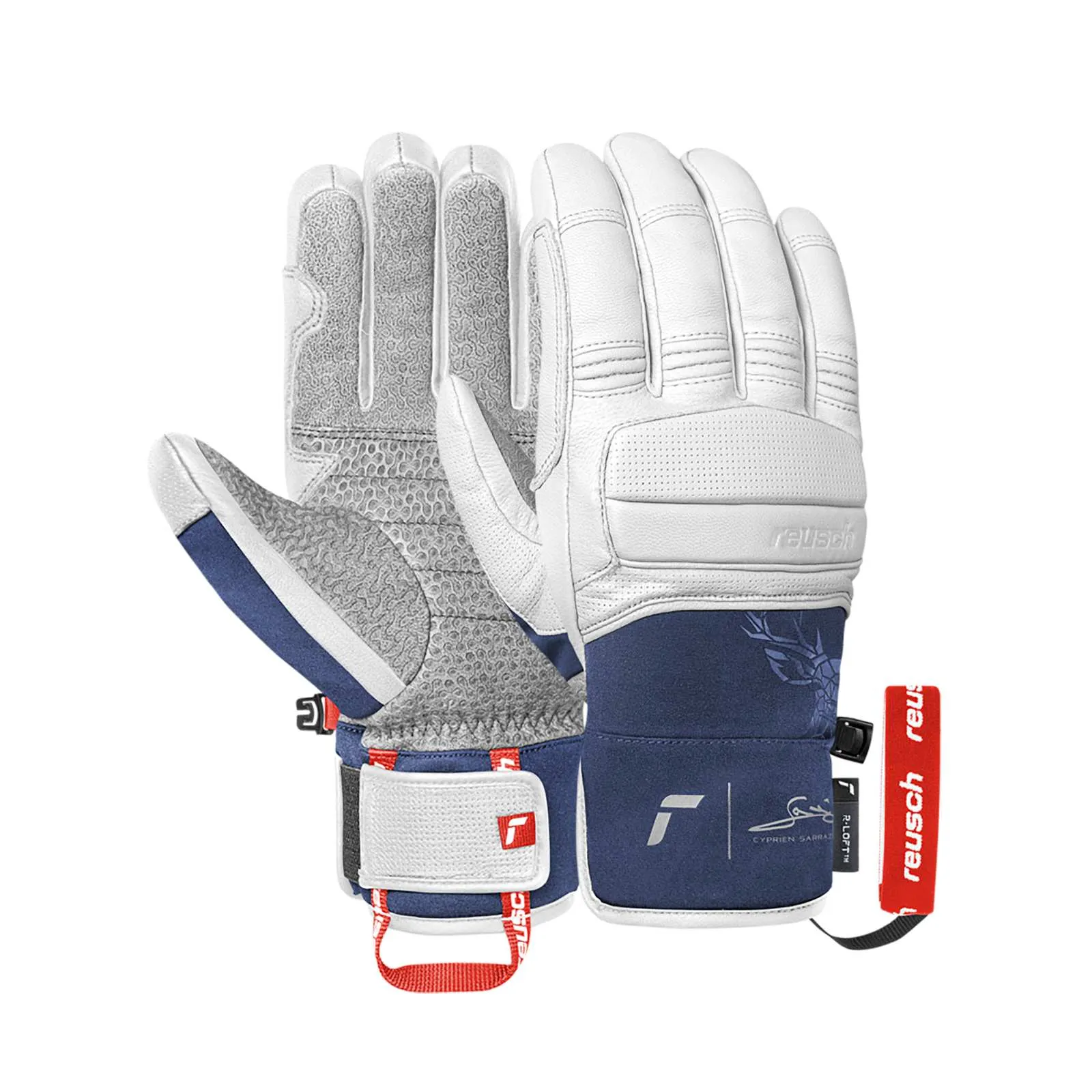 Two ski gloves from Reusch, white leather with dark blue accents and a floral pattern, set against a white background.