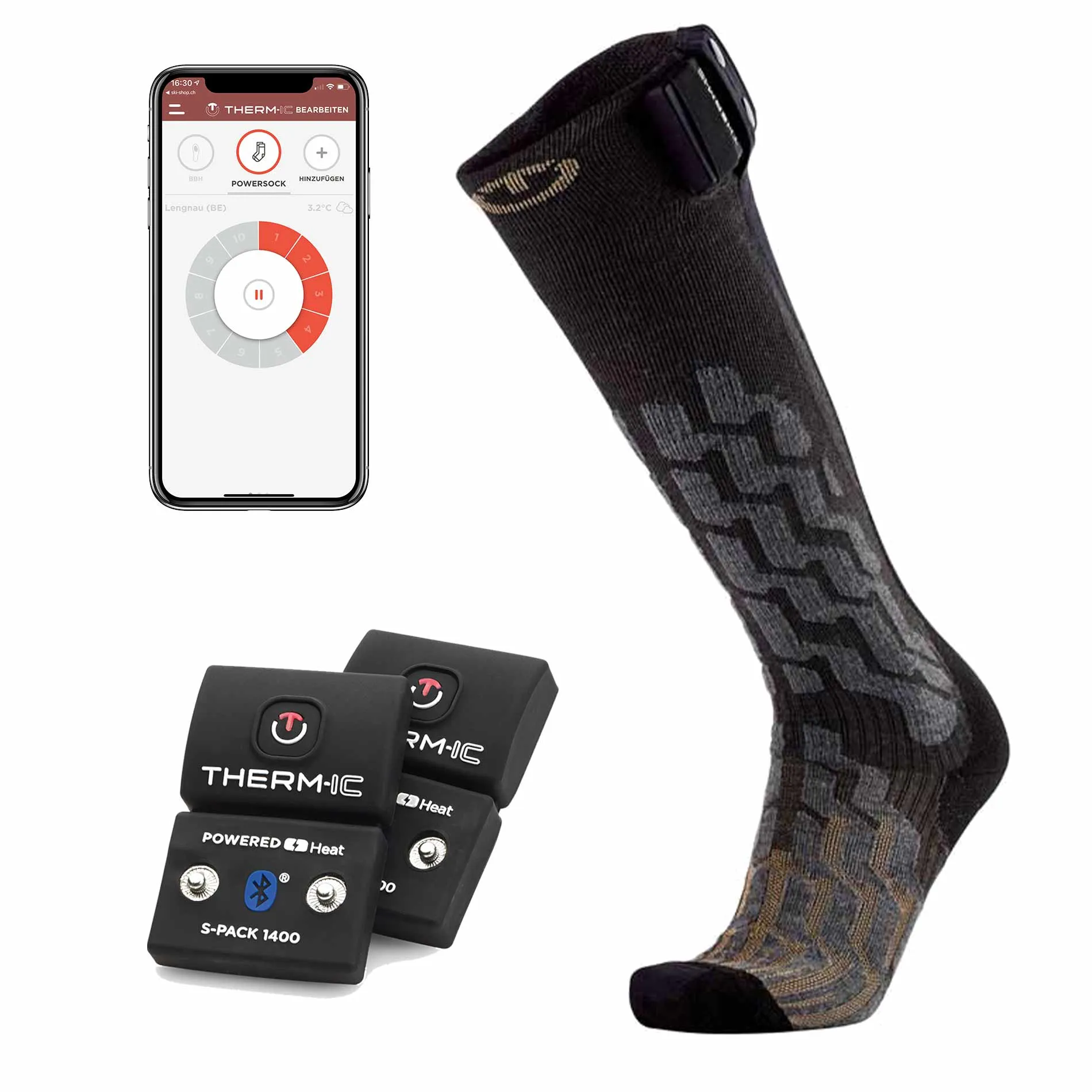 Powersocks Heat Fusion Women Set: sock, two S-Pack 1400 batteries and smartphone app for control.