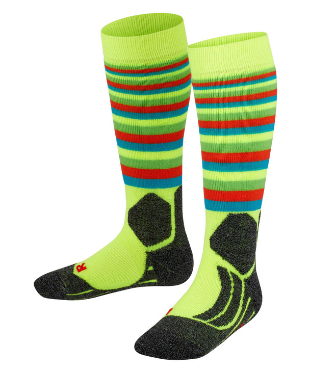 Striped children's ski socks Yellow, striped children's ski socks; colorful horizontal stripes on top, grey reinforcement on foot and heel.