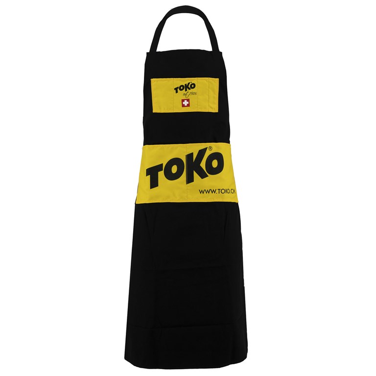 Schwarze Toko Werkstattschürze mit gelben Logo-Elementen und verstellbaren Trägern.