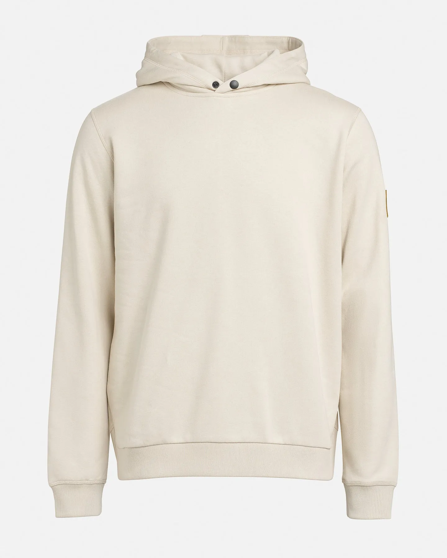 Beige hoodie with long sleeves and ribbed cuffs. The hood has two buttons.