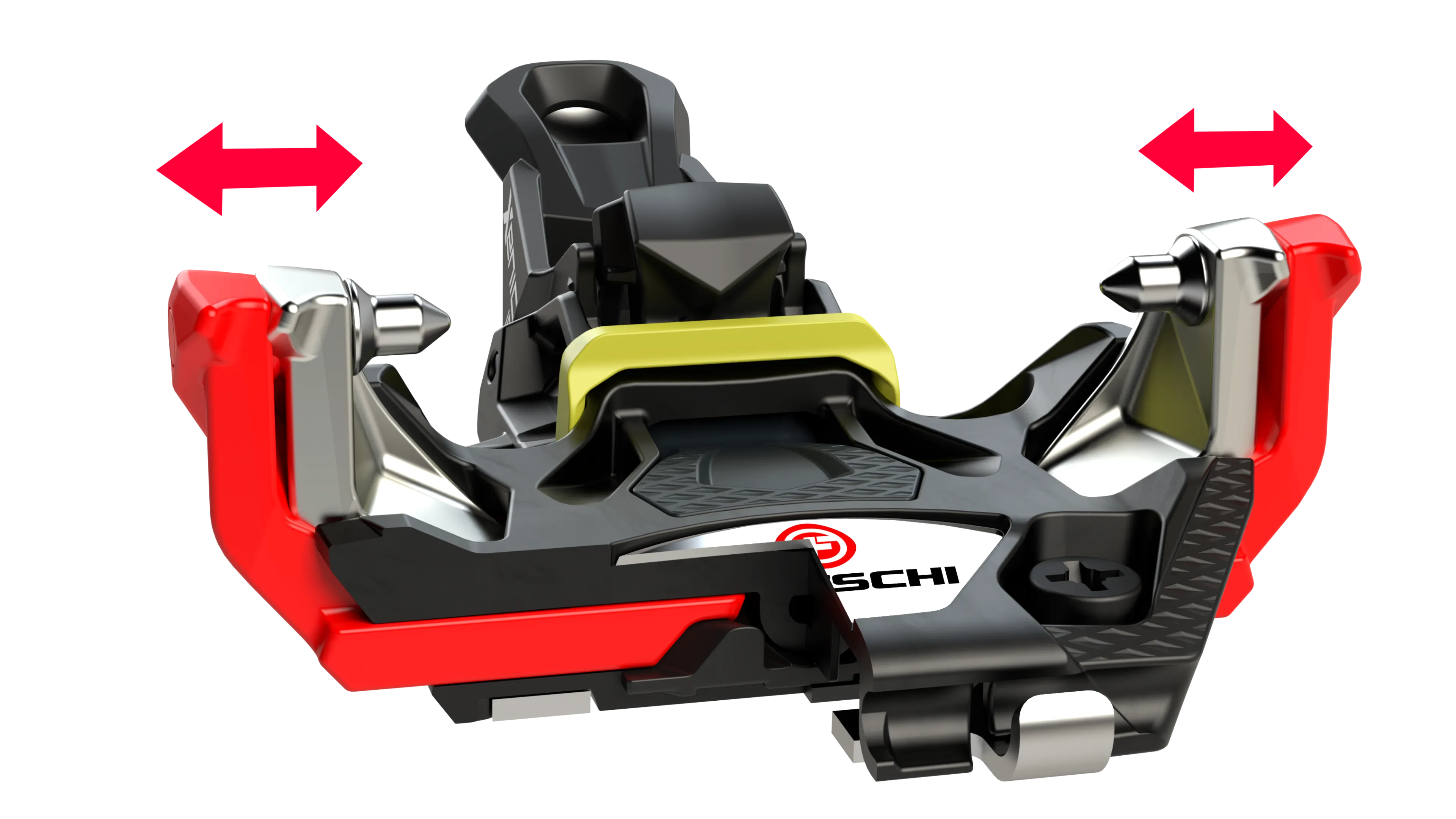 Close-up of the Fritschi Xenic Plus 12 ski touring binding with red arrows showing the horizontal movement of the pins.