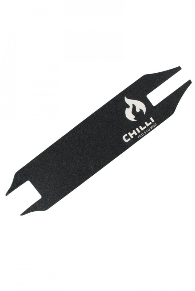 Schwarzes Chilli Pro Scooter Griptape mit Logo und Aussparungen für die Montage.