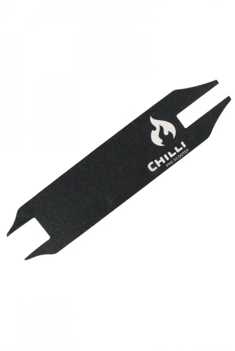 Black Chilli Pro Scooter griptape with logo and cut-outs for mounting.